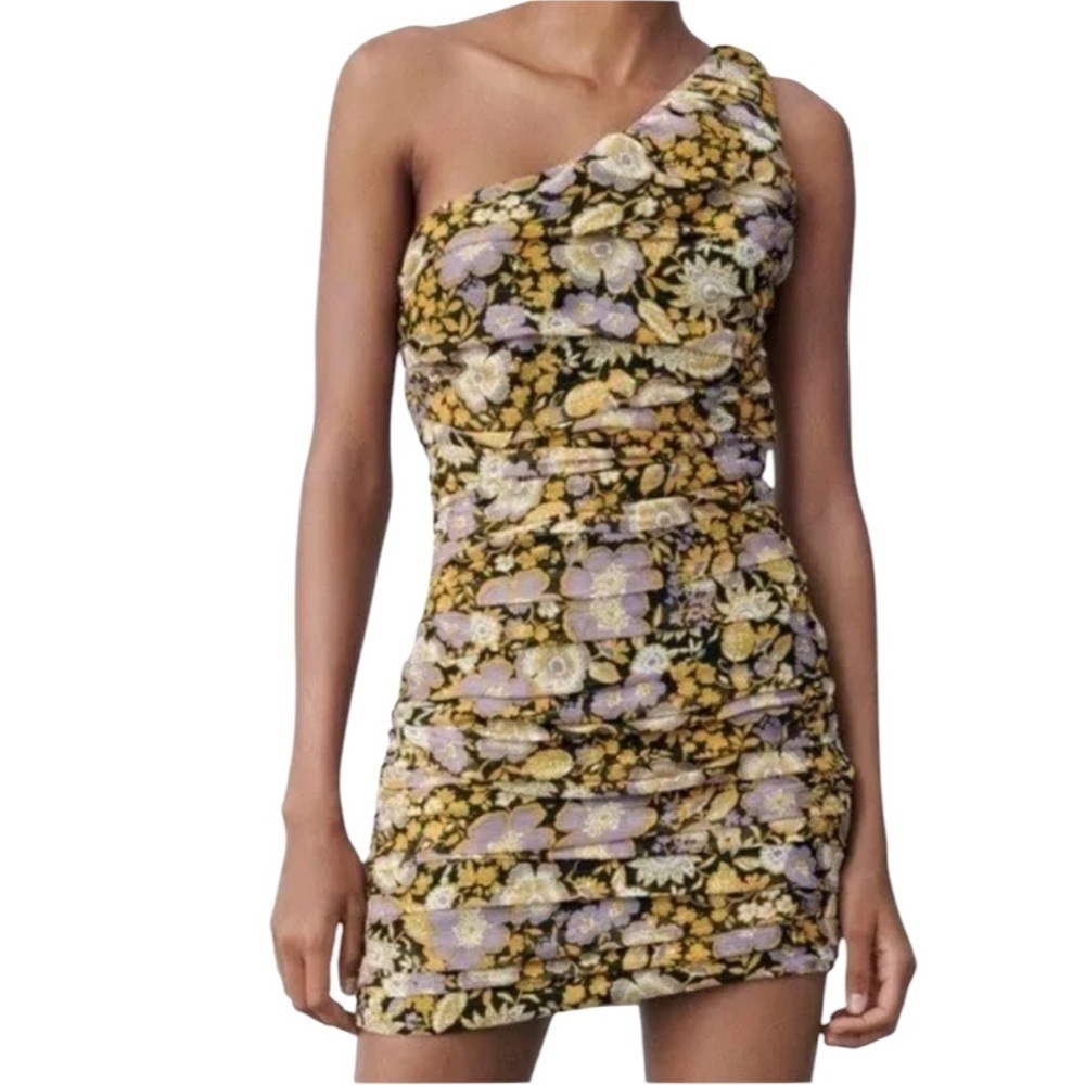 NWT ZARA One Shoulder Metallic Floral Ruched Lined Zip Mini Dress Size Medium